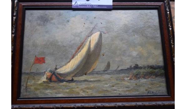 schilderij op doek voorstellende zeilboot, get plus 2 div tekeningen in kader